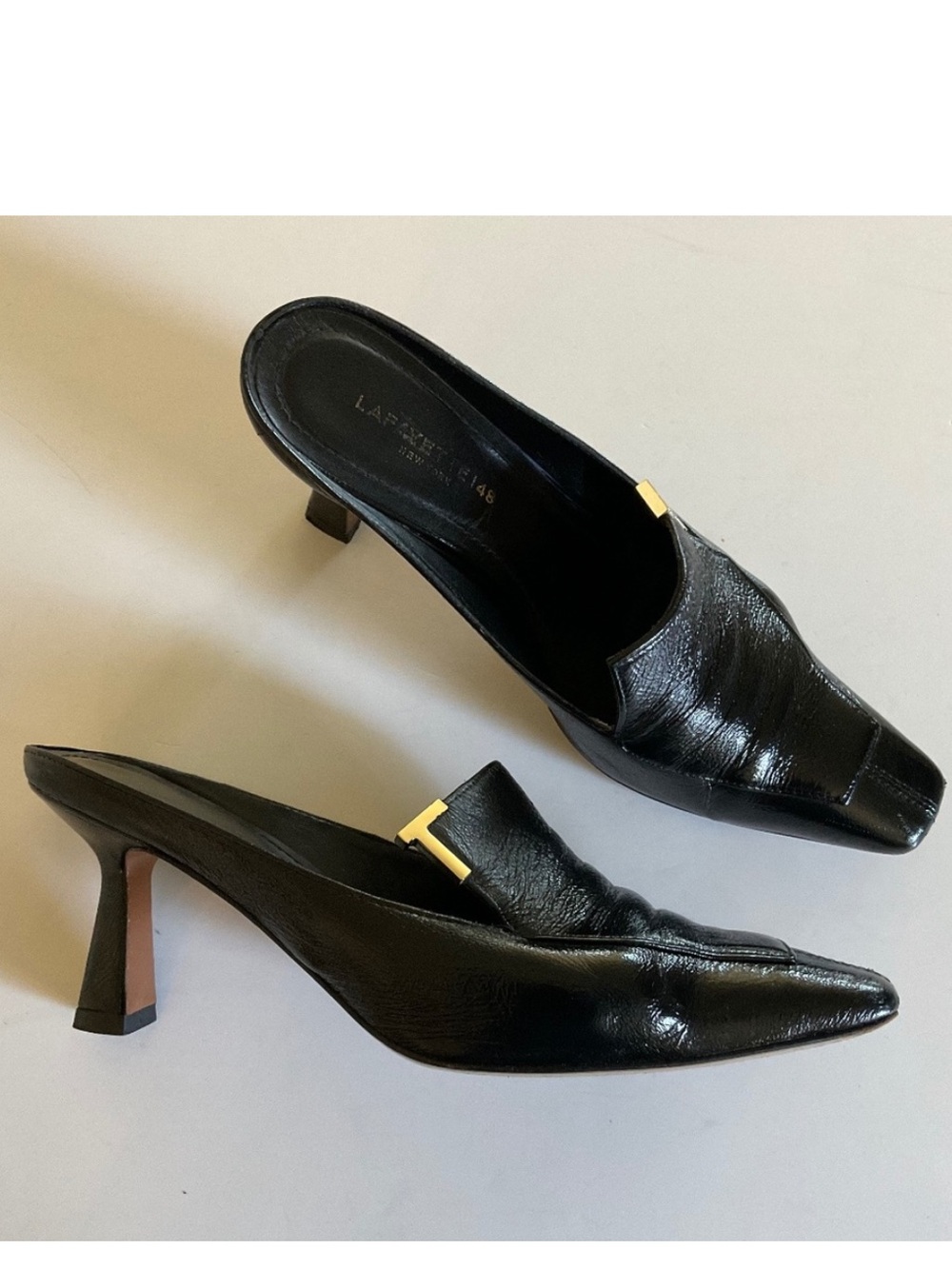 LAFAYETTE 148 Black Napa Leather 'Ciara' Mule Heels Size EU 37.5 US 7